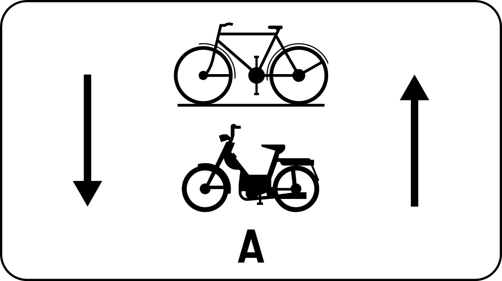 Panneau M5 représentant une bicyclette et un cyclomoteur marqué A entre deux flèches verticales de sens opposés.