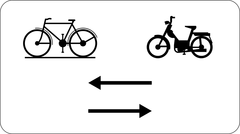 Panneau M10 représentant une bicyclette et un cyclomoteur au-dessus de deux flèches horizontales de sens opposés.