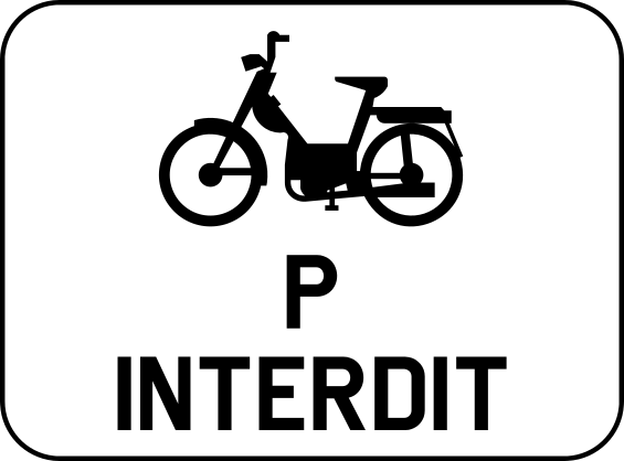Panneau M15 représentant un cyclomoteur avec la lettre P et la mention « Interdit ».