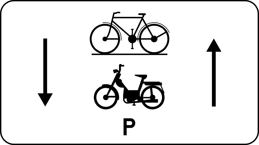 Panneau M17 représentant une bicyclette et un cyclomoteur marqué P entre deux flèches verticales de sens opposés.