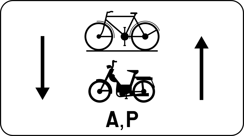 Panneau M18 représentant une bicyclette et un cyclomoteur marqué A, P entre deux flèches verticales de sens opposés.