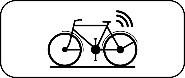 Panneau M23 représentant une bicyclette accompagnée de trois arcs évoquant un signal sans fil.