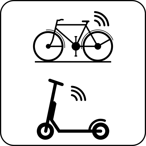 Panneau M24 représentant une bicyclette et une trottinette, chacune accompagnée de trois arcs évoquant un signal sans fil.