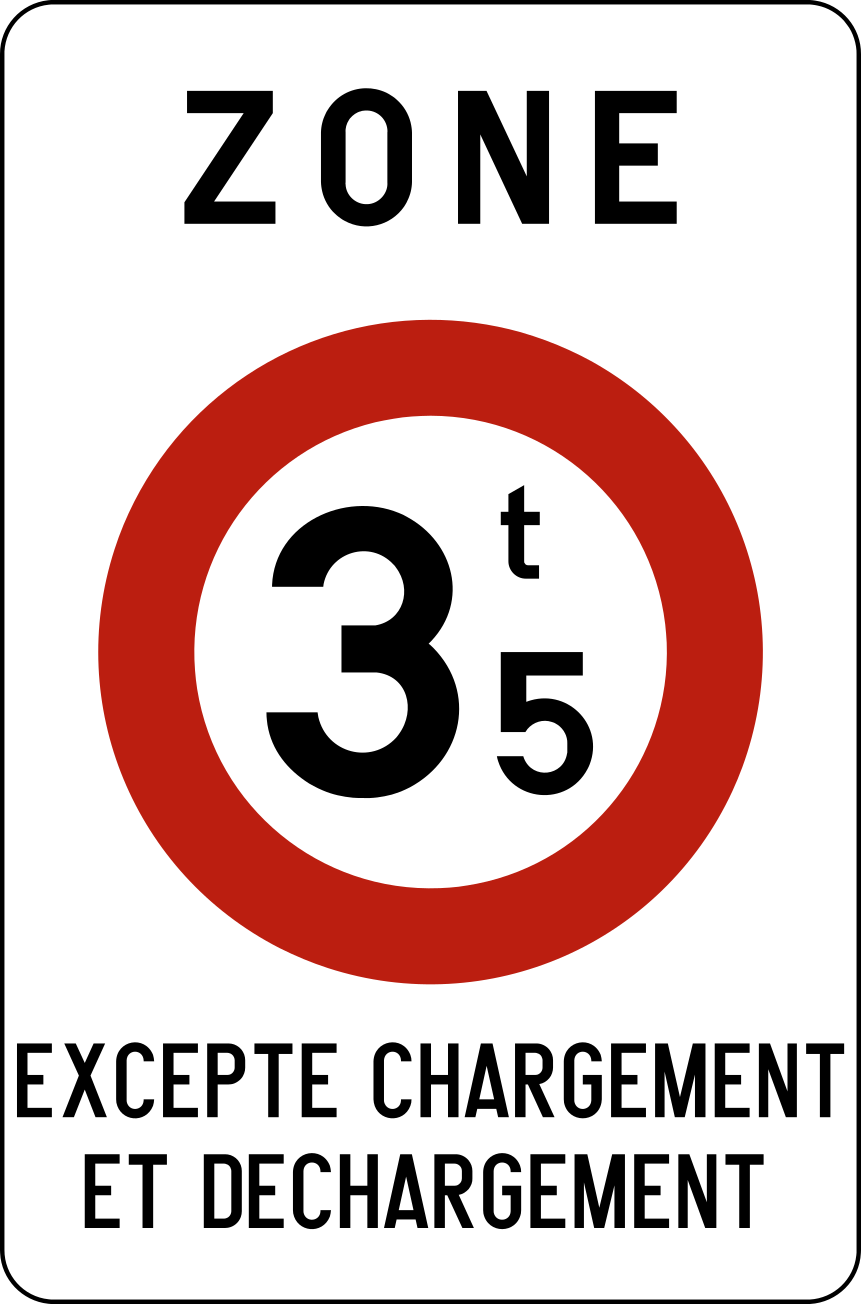 Panneau portant « Zone », un C21 indiquant 3,5 t et « Excepté chargement et déchargement ».