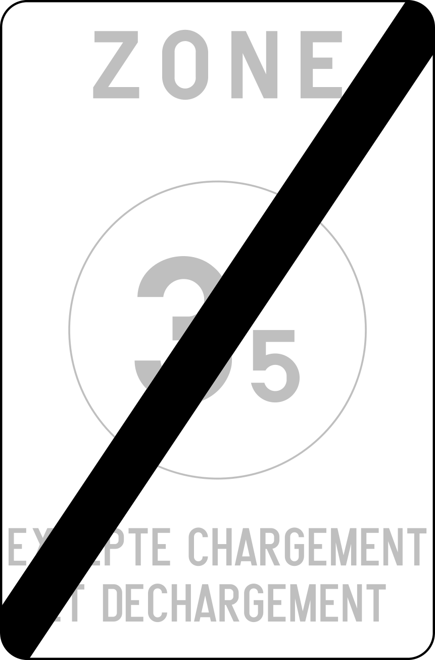 Panneau de fin de zone avec le C21 à 3,5 t et « Excepté chargement et déchargement » en gris, barrés d’une diagonale noire.