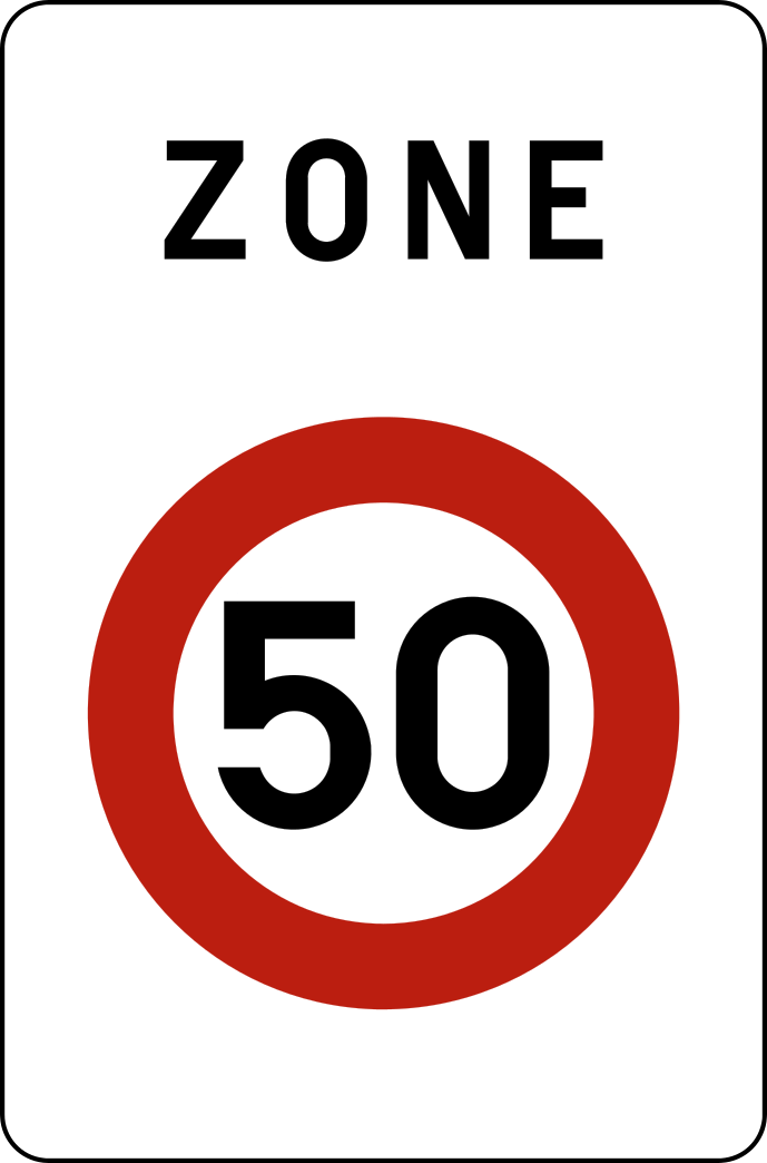 Panneau blanc portant « Zone » et un signal C43 à bord rouge avec le nombre 50.