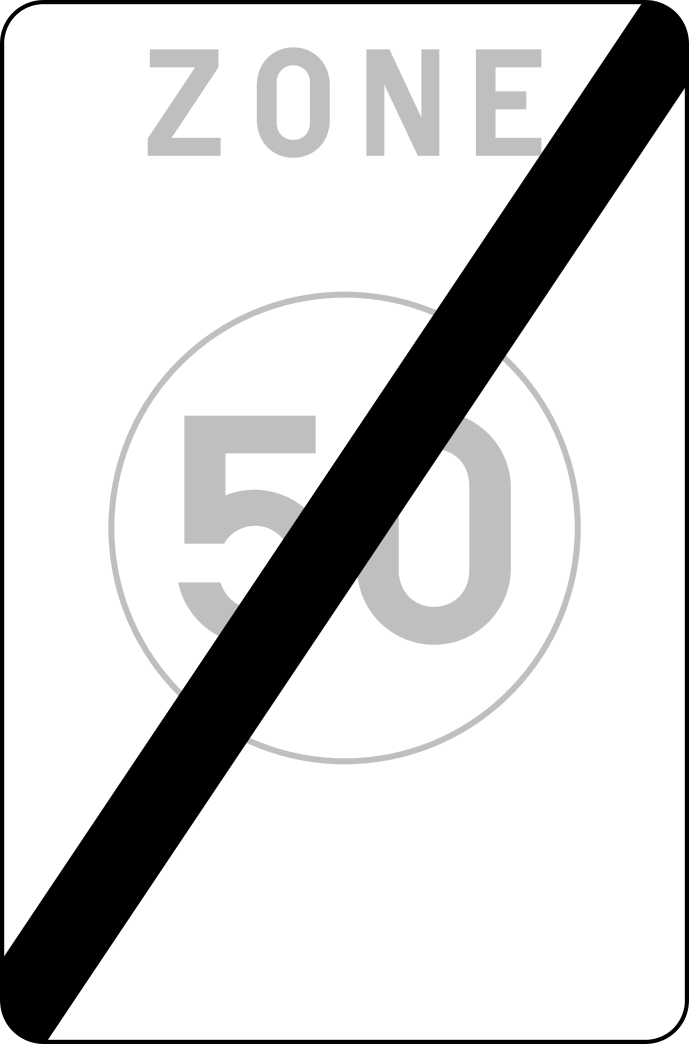 Panneau de fin de zone avec « Zone » et le signal C43 portant 50 en gris, barrés d’une large diagonale noire.