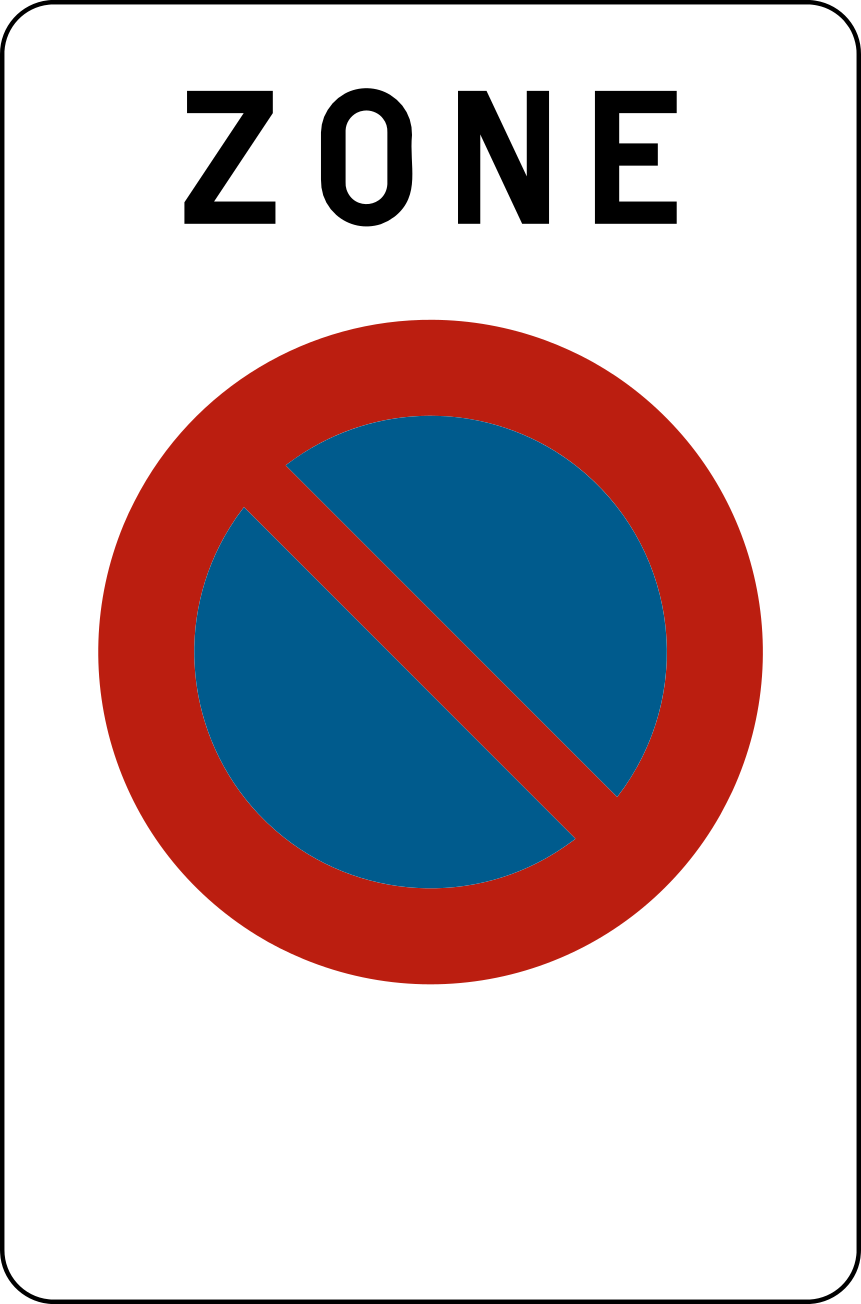Panneau blanc portant « Zone » et le signal E1, disque bleu à bord rouge barré d’une diagonale rouge.