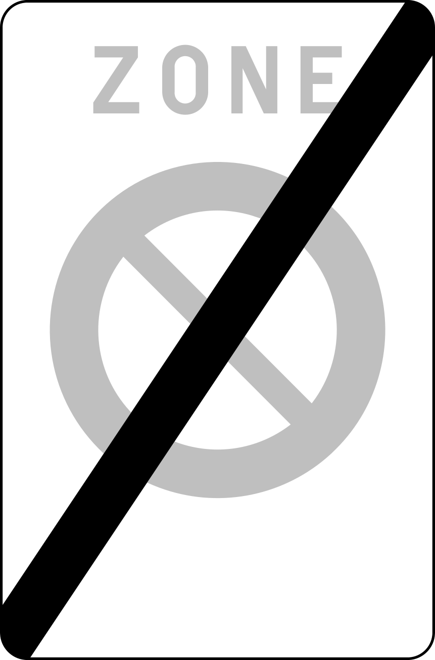 Panneau de fin de zone avec « Zone » et le signal E1 en gris, barrés d’une large diagonale noire.