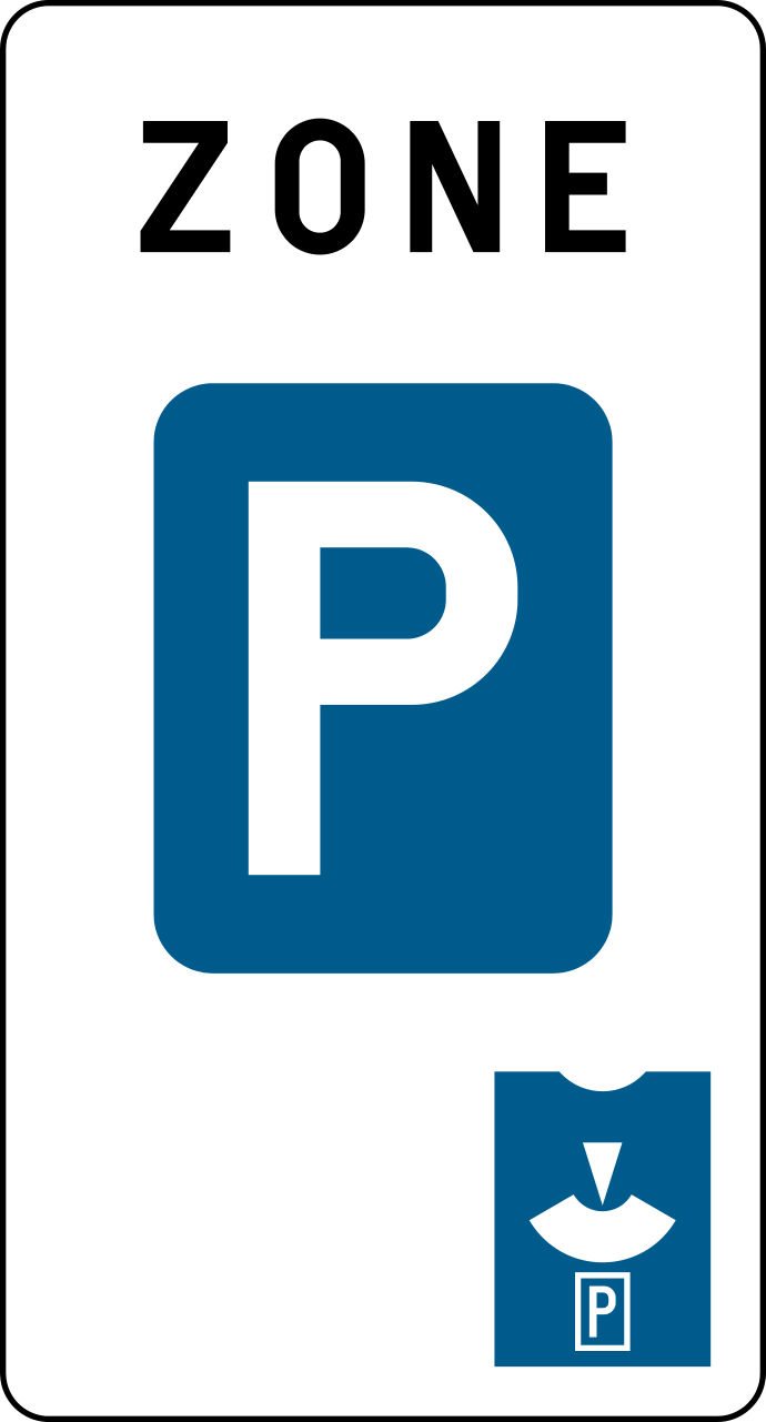 Panneau blanc portant « Zone », un P blanc sur fond bleu et le symbole d’un disque de stationnement.