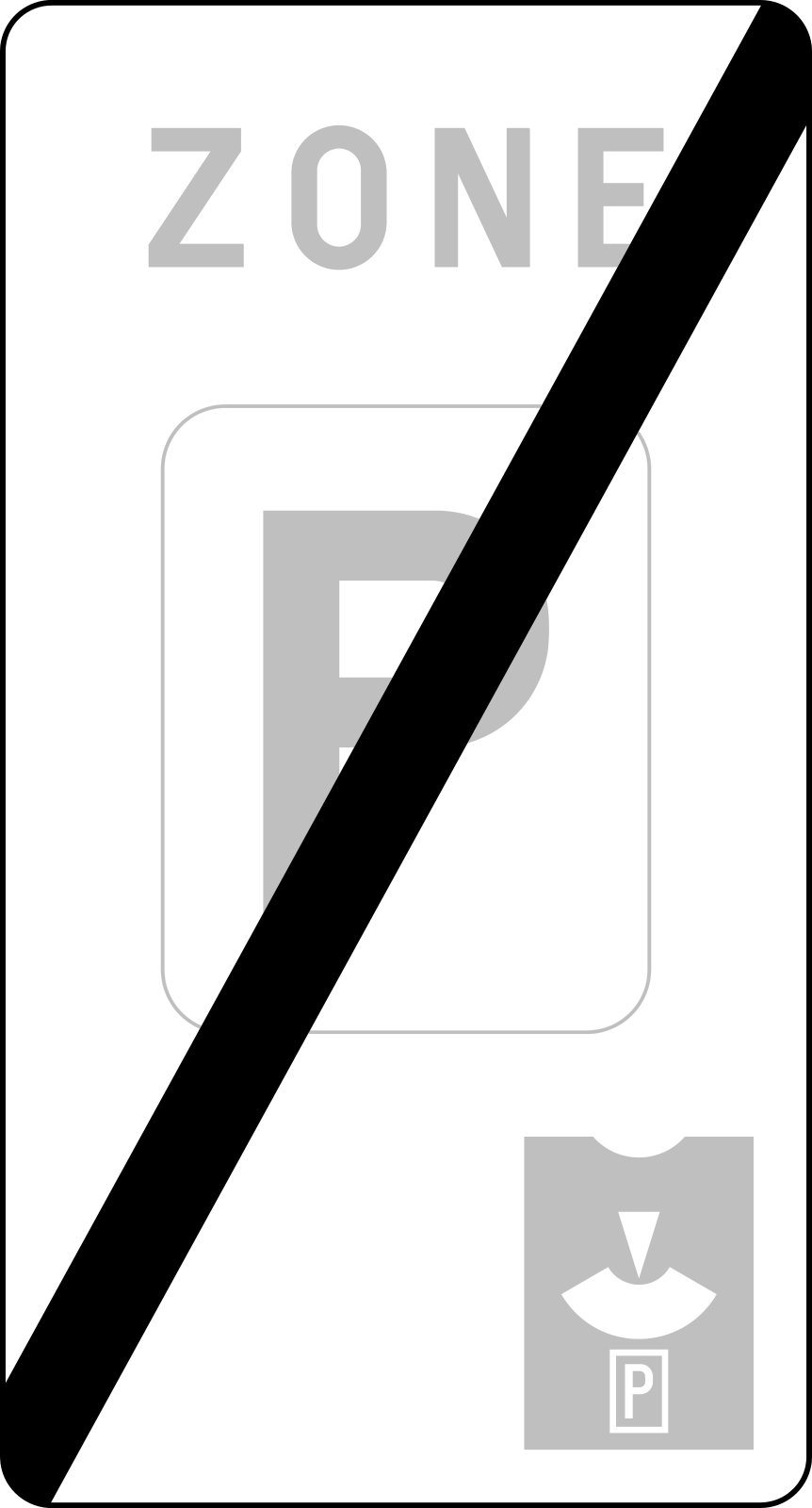 Panneau de fin de zone avec « Zone », un P et un disque de stationnement en gris, barrés d’une large diagonale noire.