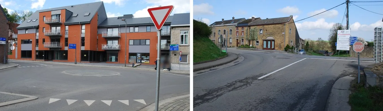 Deux carrefours : à gauche, un signal B1 avec des triangles blancs au sol ; à droite, un signal STOP au débouché sur une voie transversale.