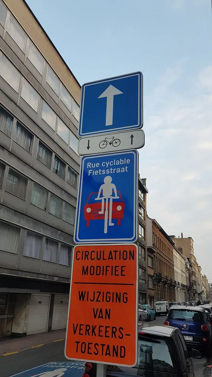 Panneau « Rue cyclable / Fietsstraat » sous une flèche blanche sur fond bleu dirigée vers le haut ; panneau additionnel avec un vélo et deux flèches opposées.