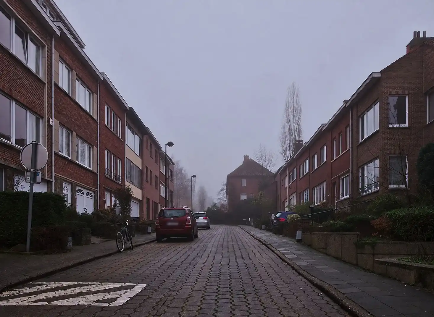 Rue pavée à Auderghem, bordée de maisons et de voitures stationnées, avec de la brume au fond.