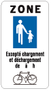 Signal F103 : panneau de zone piétonne avec indications d’accès et symbole de vélo.