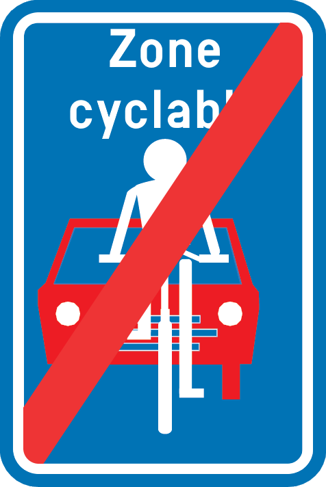 Signal F113 « Zone cyclable », barré d’une diagonale rouge.